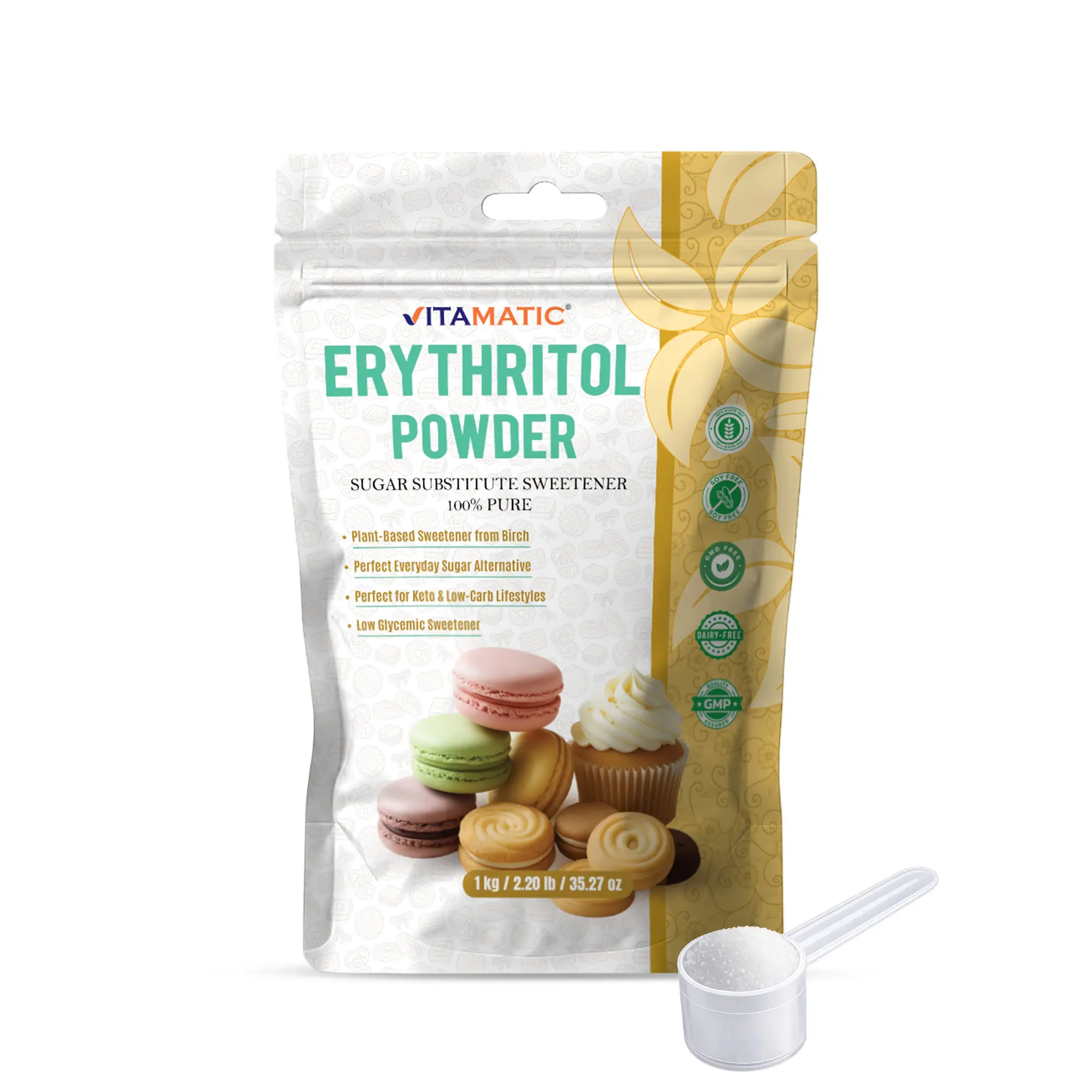 Vitamatic Erythritol Powder 1 kg (2.2 lb) – 100% Pure Sugar Substitute Sweetener – Zero Calorie, Zero Net Carbs, Keto Friendly, Non-GMO, Gluten Free, Vegan