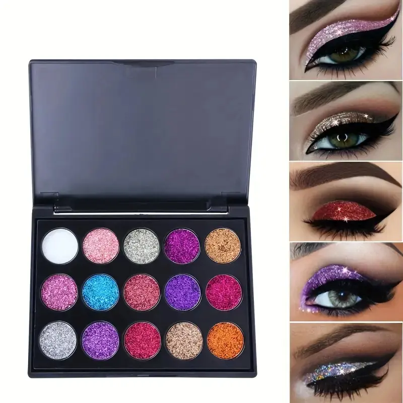 15 Color Glitter Sparkly Shimmer Eyeshadow Palette for Valentine's Day Gift, Eye Shadow Palettes, Waterproof Long-Lasting Shimmer Makeup, Compact for Travel, Ideal for Parties and Events, Highly Pigmented Palette, Glam Pack Glitter