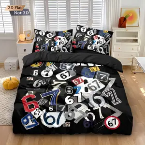 67 Internet Meme Theme 3-Piece Bedding Set, Decorative bedding set (1 duvet cover + 2 pillowcases, no insert) Retro street style black background with number 67 patchwork print duvet cover set, suitable for room decor, and makes a great gift