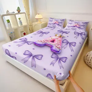 3Pcs Y2K Sweet Girl Style Three-Dimensional Letter A-N Fitted Sheet Set, Complete Sheet Set, Light Purple Bow Printed Bedding Set, Durable Soft Microfiber Bedding, Includes Two Pillowcases (Excluding Pillowcores)