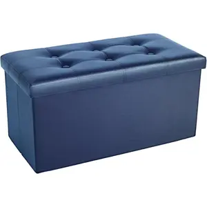 Ottoman Bench with Storage Large - 30x15x15in Folding Leather Ottoman, Rectangle Foot Stool Foldable Storage Chest Footrest Footstool Collapsible with Lid for Bedroom Living Room Navy