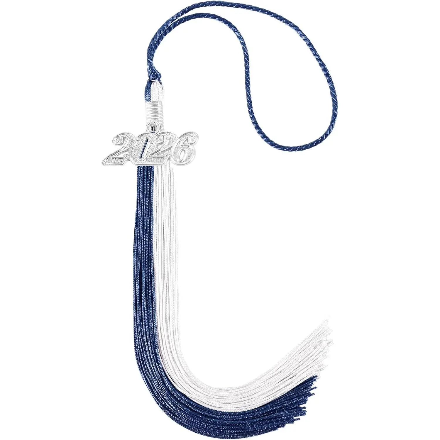 Graduation Tassel 2026 Double Color Tassel with Silver Year Charm 9" Navy and White