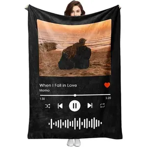 Personalized Spotify Code Music Blanket with Photo, Custom Blanket with Picture Text, Customized Throw Blanket,Customized Blanket for Couples with Photo, Birthday Christmas Wedding Gifts