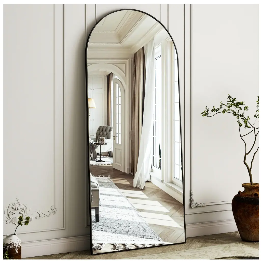 64.3"x21" Arched Full Length Mirror  Wall-Mounted Floor Mirror with Stand, Black