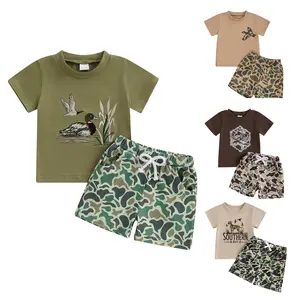 Baby Boys Hunting Duck Summer Clothes Toddler Short Sleeve Mallard Duck Embroidery T-Shirt Tops Camouflage Elastic Wais Shorts