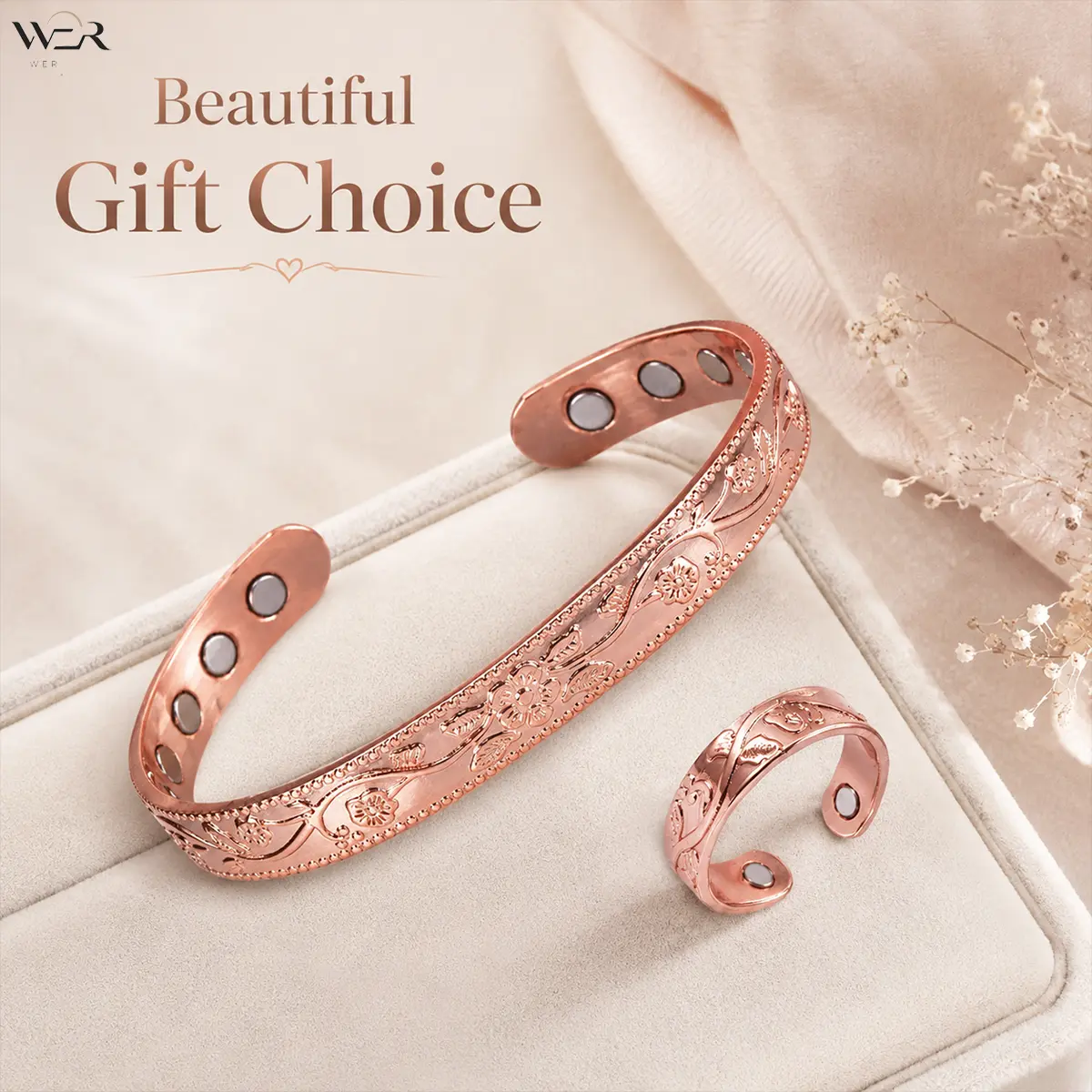 Copper Magnetic Bracelet Set Flower Engraved Copper Cuff Bracelet Magnetic Copper Ring Copper Jewelry Vintage Style Bracelet for Women Men Everyday Wear Gift Arthritis Pain Relief Fashion Accessory