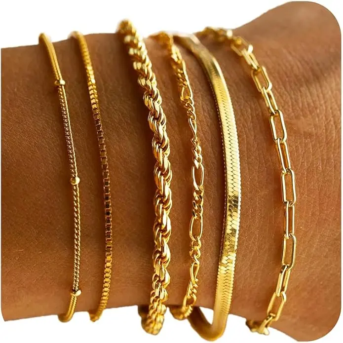 14K Gold Plated Bracelet Set for Women, Waterproof Non Tarnish Stackable Bracelets, Dainty Herringbone, Cuban, Paperclip, Rope & Box Chain Jewelry