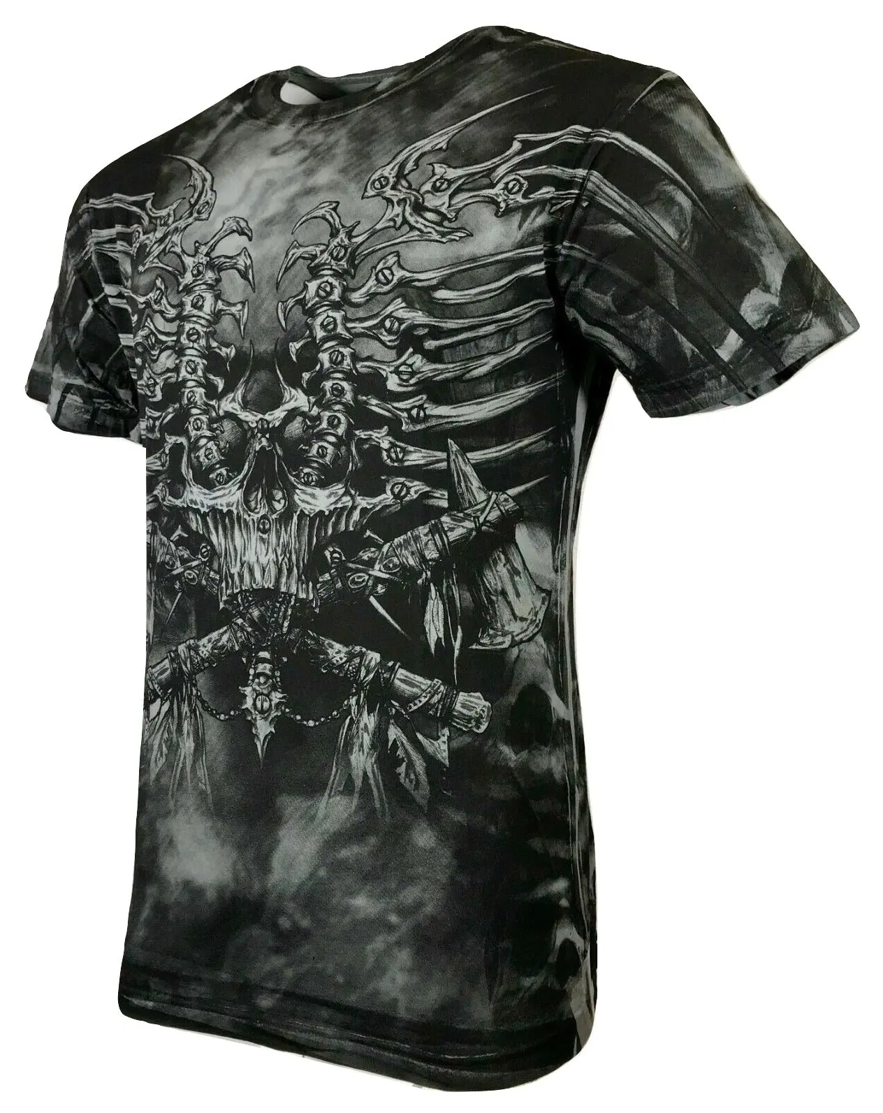 XTREME COUTURE by AFFLICTION Iron Bones Men's Fitted Cut Cotton Graphic T-Shirt - Short-Sleeve, Round Neck, Front & Back Print, Lightweight, Gothic Biker Style, Size M (Refer To Sizing Chart)