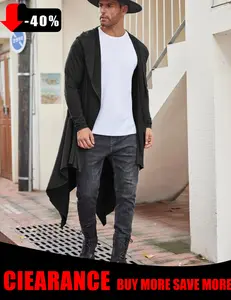COOFANDY Fall Outfits Men's Black Long Hooded Cardigan Ruffle Shawl Collar Open Front Lightweight Drape Cape with Side Pockets Casual Elastic Workwear 3/4 Length