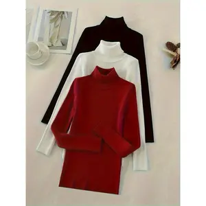 3-Pack Knitted Turtleneck Pullover Sweaters, Long-Sleeve Casual Solid-Color Sweaters for Autumn and Winter, Women’s Clothing