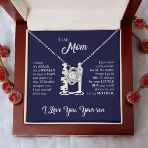 Veliora  S  for Mom from Son - Love Knot Necklace in LED Wooden Box | Meaningful Mother's Day Jewelry 2026 | Sentimental Message Card Thoughtful Durable Retro Round Earrings Gift Set luck