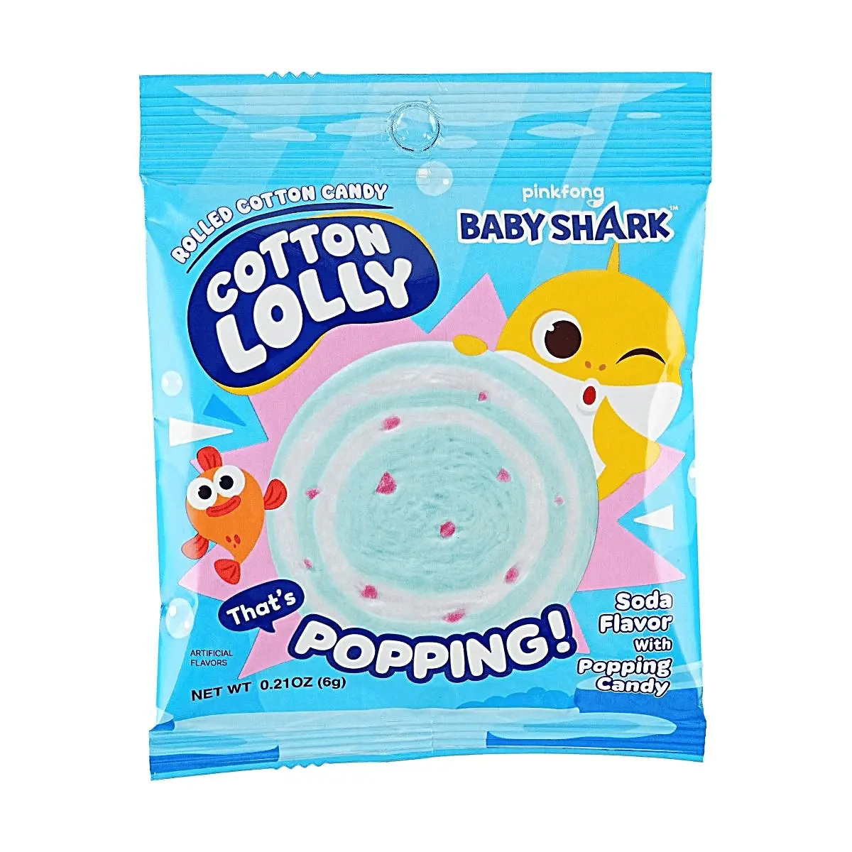 Baby Shark Cotton Candy Rolls - Korean Sweet Marshmallow Treats with Soda Pop & Popping Candy - 6g