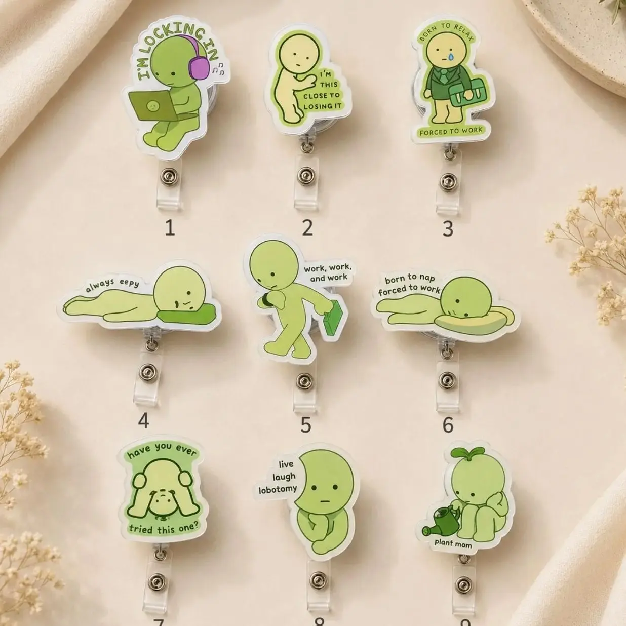 9 Ops Funny Green Character Badge Reel, Work Meme ID Badge Holder, Cute Retractable Badge Clip