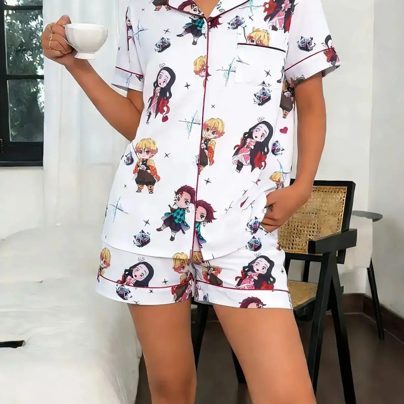 Women's 2-Piece Anime "Demon Slayer" Character Print Short Sleeve Shorts Set Pajama Set with Soft Comfort Top, Small Pocket, Collar Design, Button Closure, Elastic Waistband, Suitable for Daily Casual Wear and Sleepwear in All Seasons Homewear