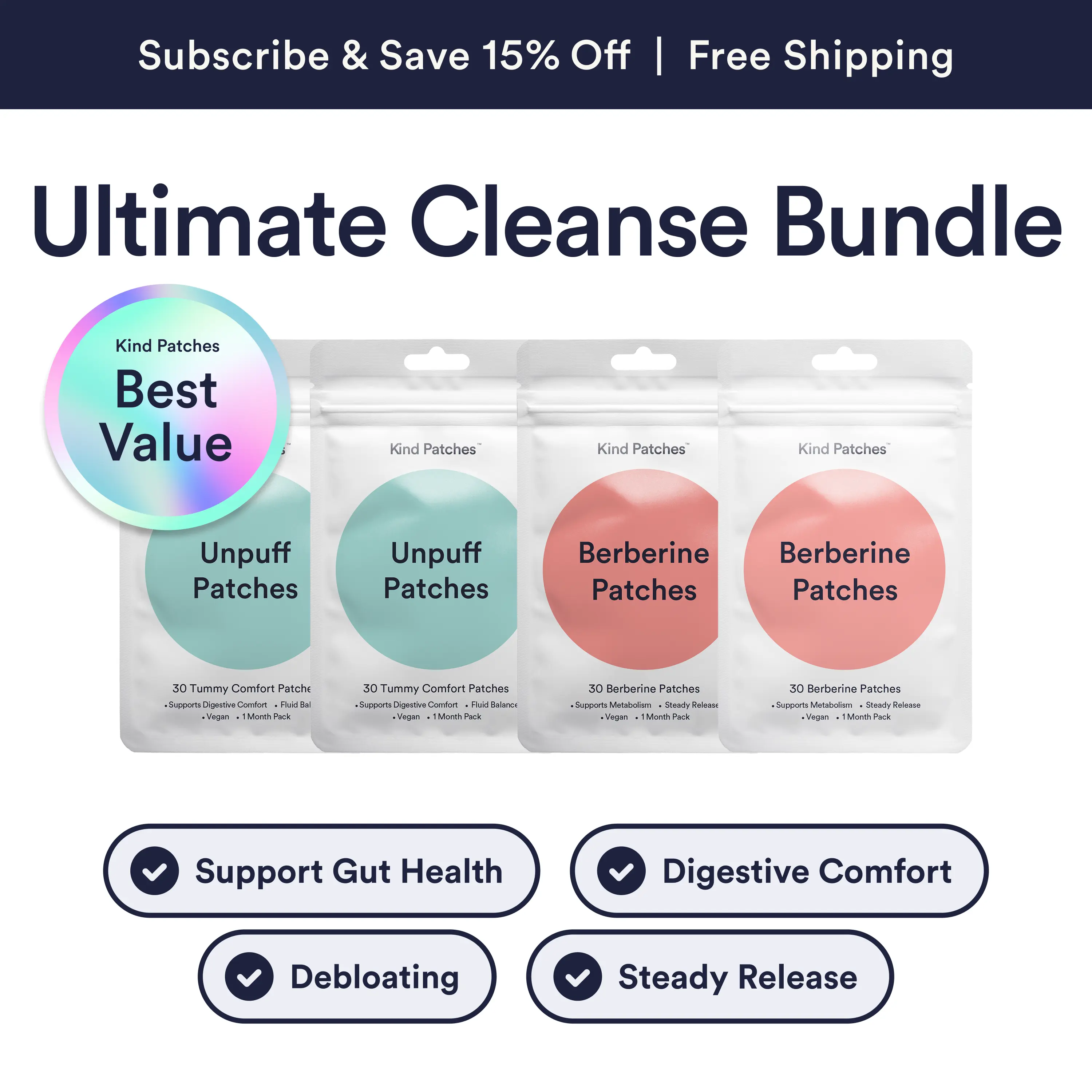 Kind Patches Ultimate Cleanse Bundle, 60 Unpuff Patches+60 Berberine Patches, Support Gut Health, Digestive Comfort, Debloating, Steady Release, Vegan Kind Patches Ultimate Cleanse Bundle, 60 Unpuff Patches+60 Berberine Patches, Support Gut Health, Digestive Comfort, Debloating, Steady Release, Vegan