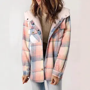 Womens Plaid Shacket Jacket Long Sleeve Button Down Fleece Hooded Jackets Warm Coat