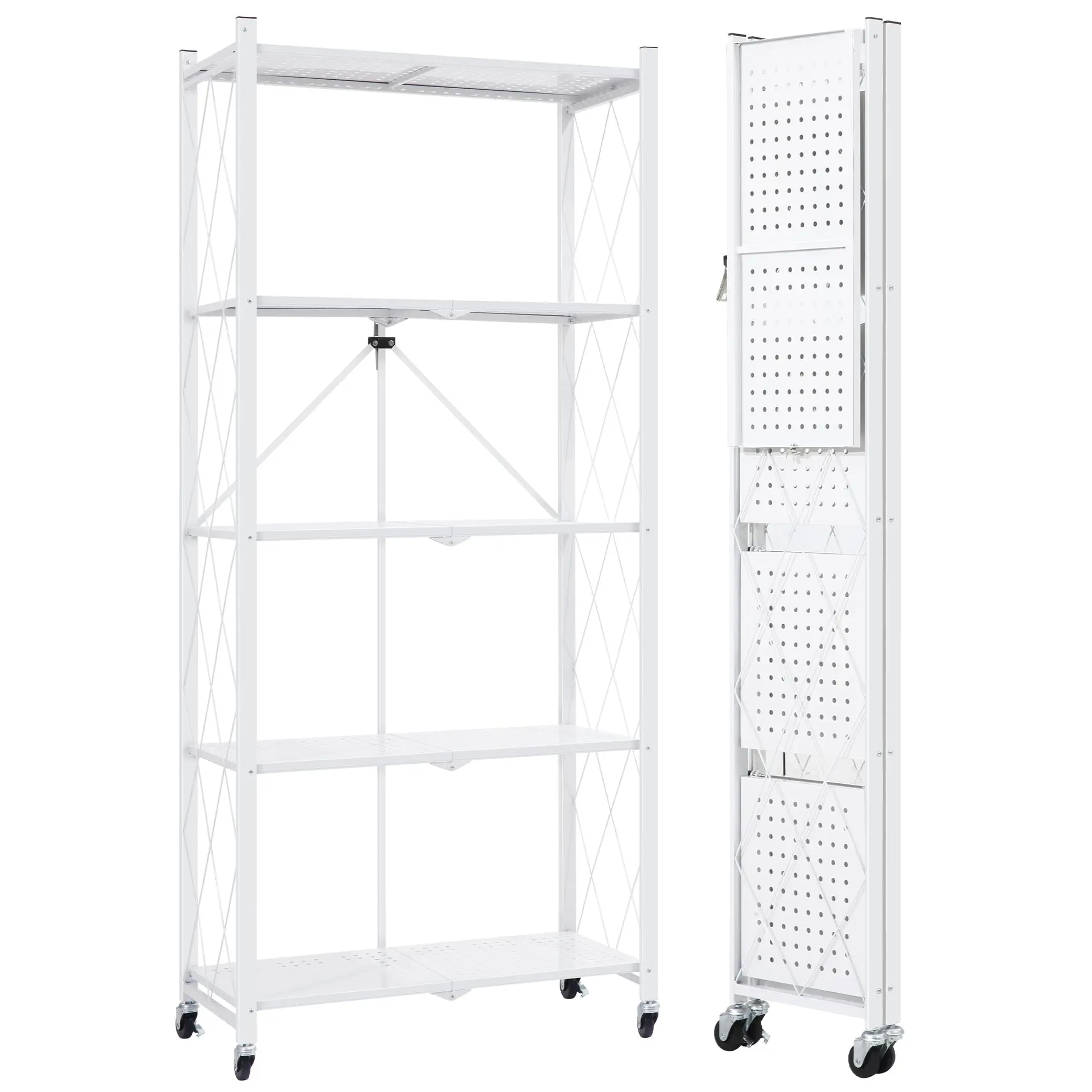 New Track Seven 5-Tier Storage Shelving Unit w/Hooks and Wheels, 27.95"x14.96"x63.78", Standing Foldable Storage Rack, Metal, Kitchen, Garage, No Assemble Require (White Hanging Organiser