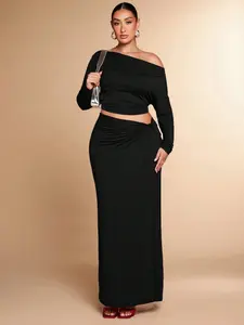 BAE Plus Size Women's Gray Solid Date Night Minimalist Elegant Comfortable Asymmetric Neck Pleated Top And Low Waist Twist Knot Skirt Elegant Lady's 2 Pieces Set/Fall Two Pieces Sets/Top And Skirt Set/Knit Set