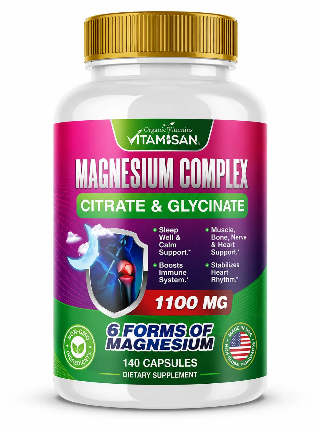 Vitamisan High Absorption Magnesium Vitamin Dietary Food Supplement - 6 Forms (Citrate, Chelated Glycinate, Chloride, Malate, Oxide) - 140 Capsules, Gluten-Free, GMO-Free