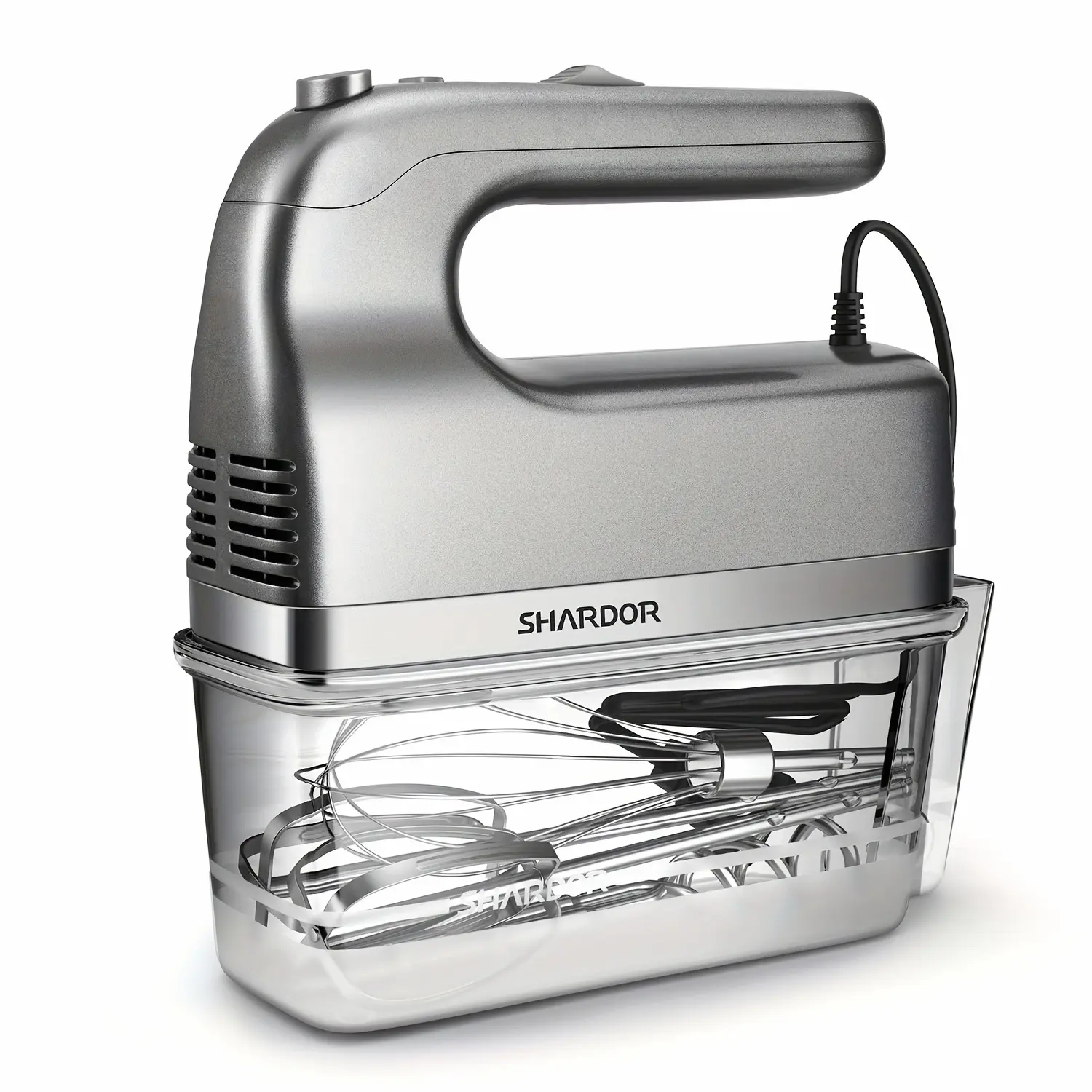 Hand Mixer, Handheld Mixer with Storage Case 5-Speed Plus Turbo Hand Mixer Electric with 5 Stainless Steel Attachments(2 Beaters, 2 Dough Hooks And 1 Whisk), Silver