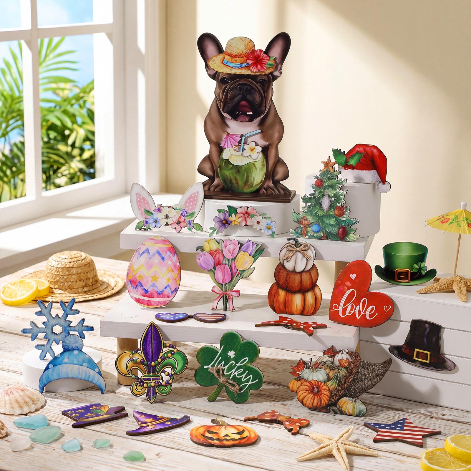 Cute Animals Sign Gift Cat Wooden Sign Desk Decor Golden Retriever Cat Labrador Dachshund Highland Cow Interchangeable Ornaments with Magnet Detachable Hats for Summer Holiday Seasonal Birthday Party, Gift for Pet Owning Families and Animal Lovers