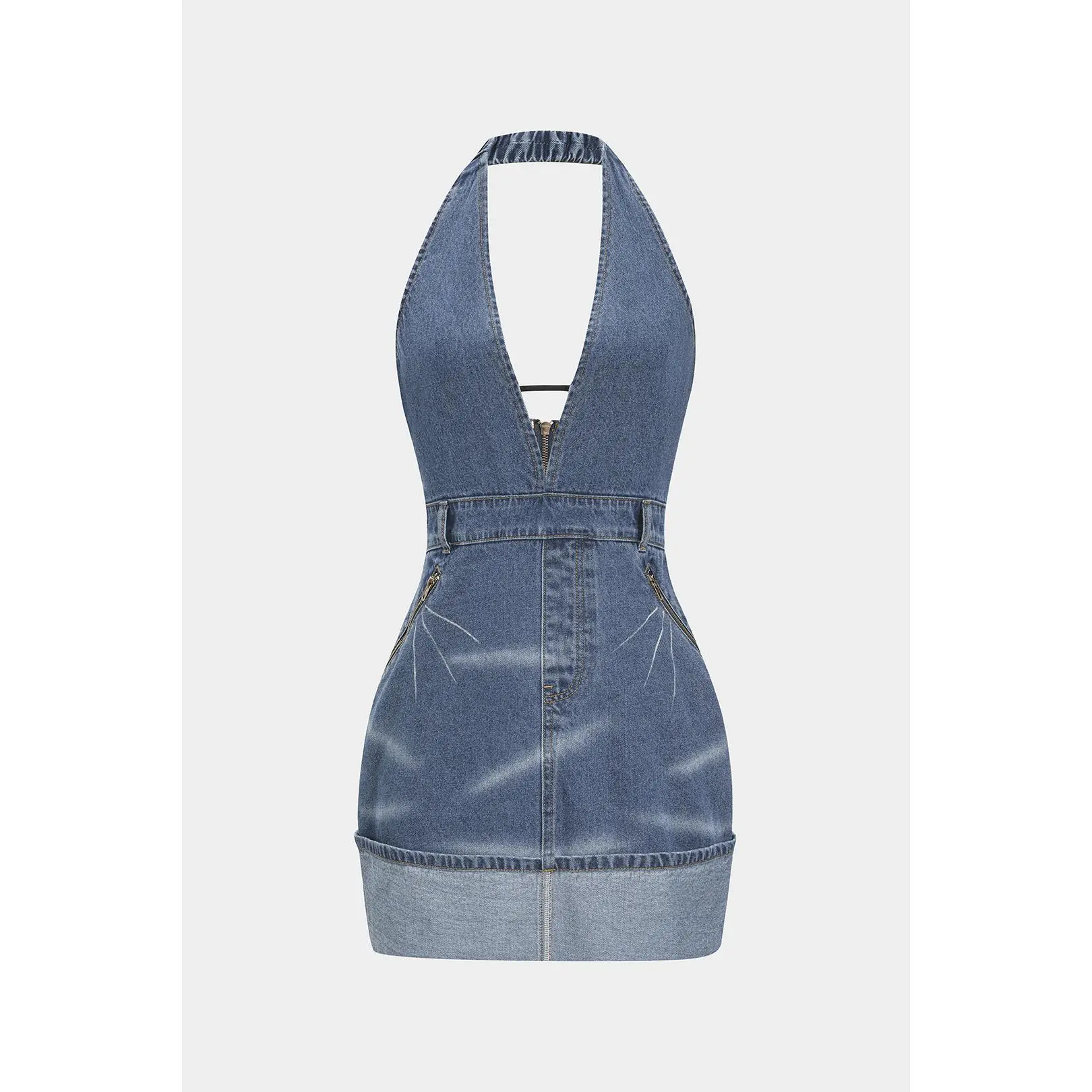 Denim Backless Washed Zipper Halter Mini Dress