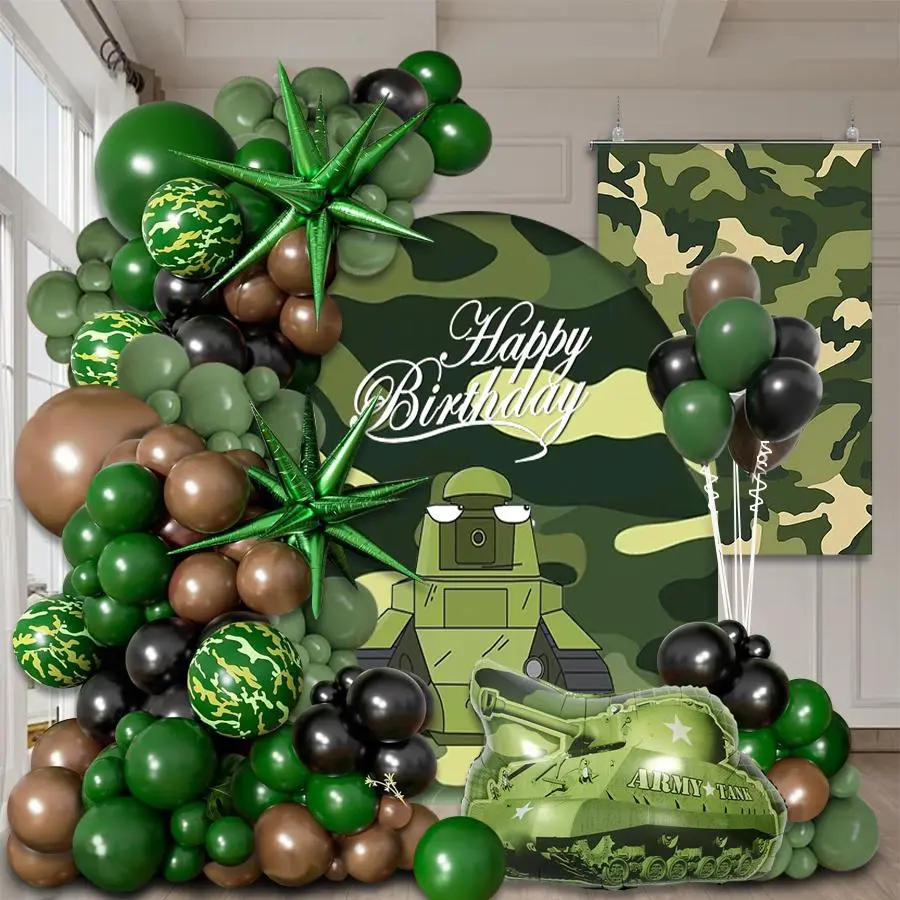 112 pieces of tank camouflage themed birthday balloon decoration set. Camouflage balloons paired with tank aluminum foil balloons are perfect for boys' camouflage themed birthday parties, singles parties, and preferred balloon set Balloon Party Supplies