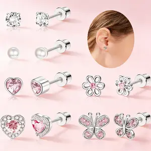 Funrun 6-Pair  Silver Earrings Set for Girls & Women – Hypoallergenic Heart, CZ, Pearl, Butterfly & Flower Studs – Screw Back Earrings for Sensitive Ears – Perfect Gift for Girls & Women