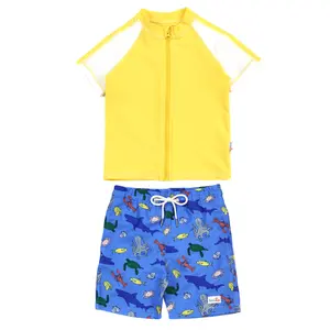 Boys Short Sleeve Zipper Rash Guard and Swim Trunk Set | "Sea Animal”