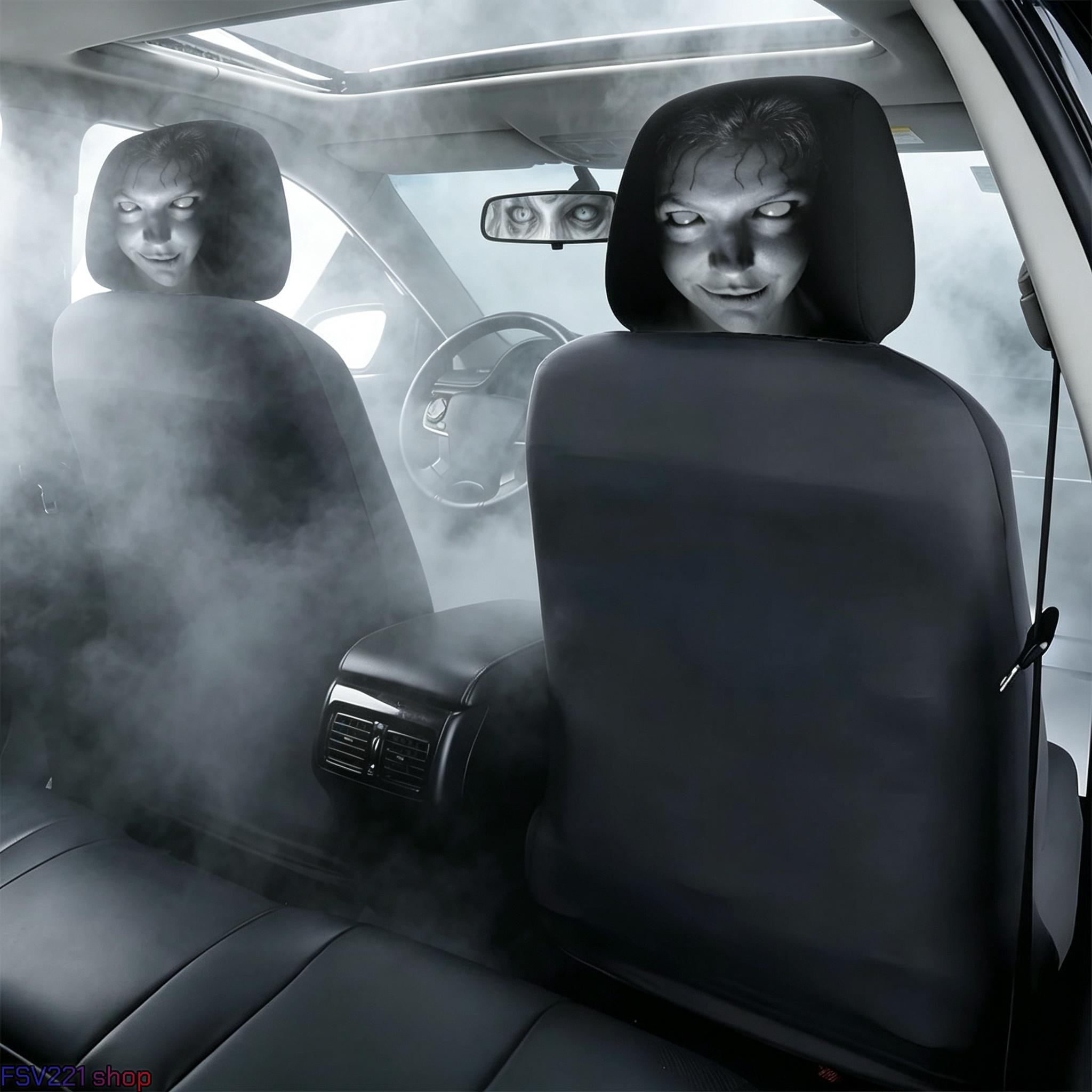 2-Pack Creepy Horror Ghost Face Car Headrest Covers - Slip-On Stretch Comfortable Material Auto Accessories for Spooky Pranks, Halloween Decor, Oddities Gifts, Car Decorations, Cars