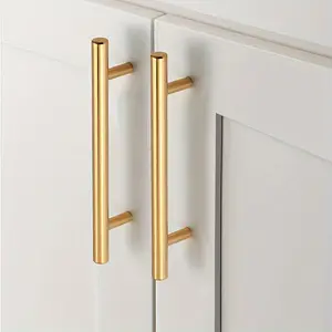 10pcs 5.9 Inch Cabinet Door Handles Gold Stainless Steel Kitchen Drawer Pulls, 5.9 Inch Long 3.78 Inch Hole Center, Includes Mat, Door Hardware