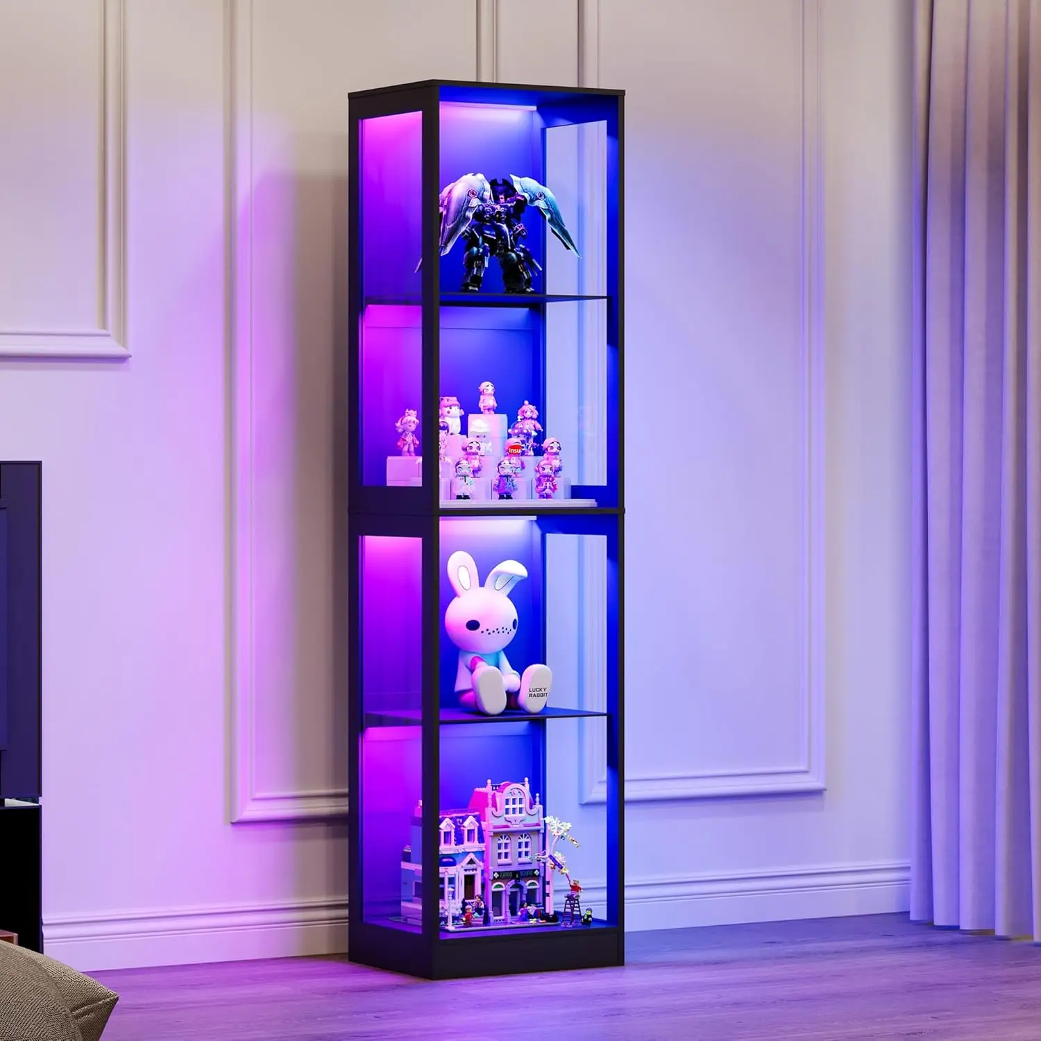 [Summerwins]VanAcc Display Cabinet with RGB Lights, 4-Tier Storage Display Case for Collectibles, Adjustable Shelves, MDF and Tempered Glass, Black
