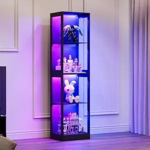 [Brandday]VanAcc Display Cabinet with RGB Lights, 4-Tier Storage Display Case for Collectibles, Adjustable Shelves, MDF and Tempered Glass, Black