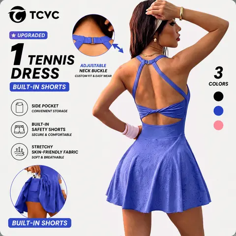 TCVC Women Adjustable Neck Buckle Tennis Dress with Built‑in Shorts & Side Pockets, Upgraded Back Twist Cutout Stretchy Breathable Athletic Dress for Golf Workout Sport Daily, travel essentials, sport essentials