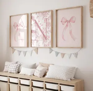 Set Of 3 Custom Initial Elegant French Coquette Bows Toile Print Chinoiserie Dusty Rose Personalized Letter Poster for Baby Girl Pink Nursery Decor Art