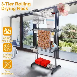 Rolling collapsible clothes drying rack, laundry dryer hanger stand, rail shelf, wardrobe clothing drying racks Foldable Chrome