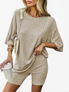 women's solid loungewear set, casual comfy round neck half sleeve t-shirt & modesty shorts pj set, ladies sleepwear for all seasons, ribbed material,  pj sets for women, cute pajama sets, nightwear, sleep sets, loose womenswear, homewear