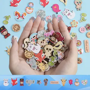 50pcs Random Mixed Cartoon Wooden Buttons, Floral Button, Sewable Natural Material, Perfect for Kids DIY Clothing Backpack Shirt