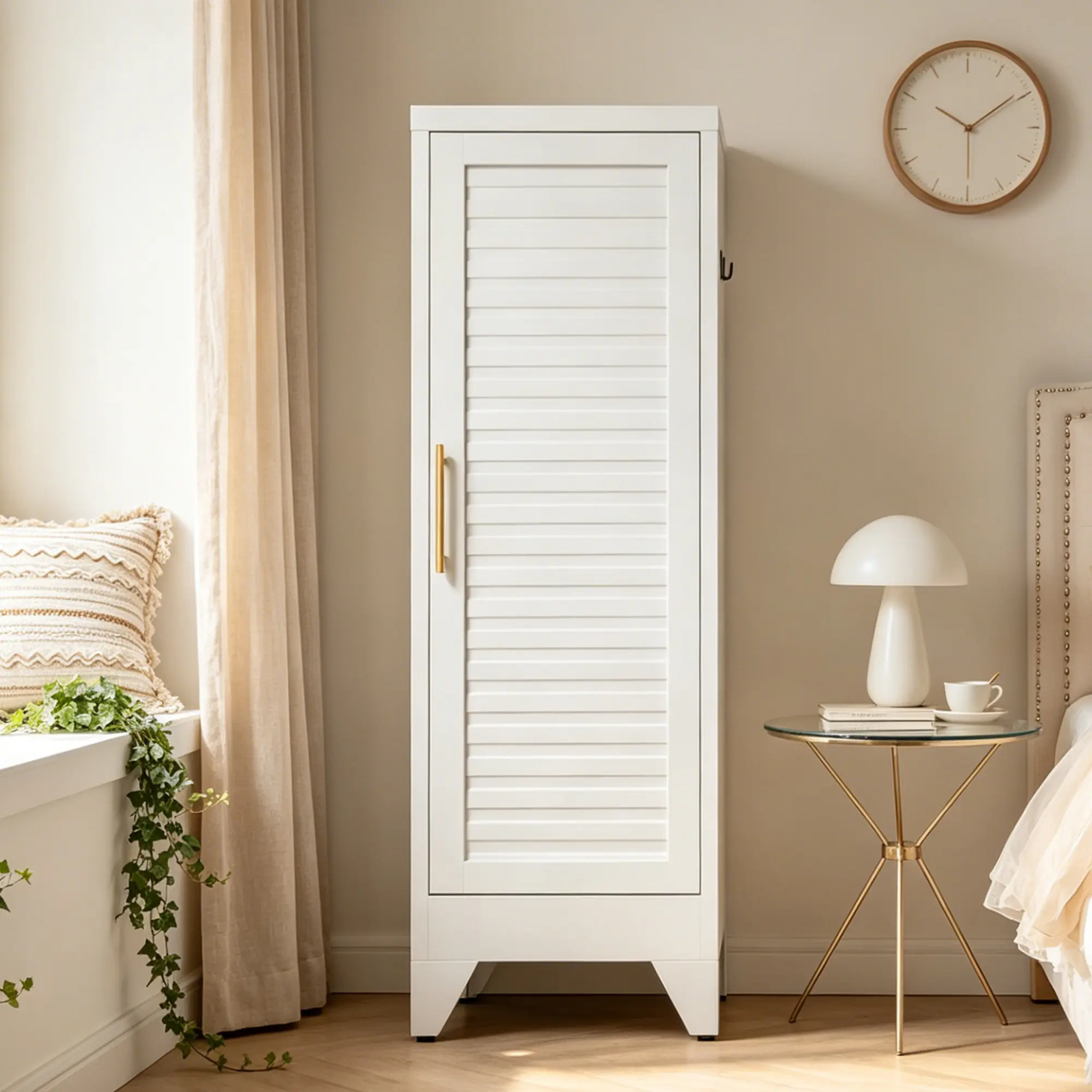 # wardrobe sa  47.2" Freestanding Single-Door Metal Wardrobe Armoire - White Louvered Narrow-Base Rectangular Closet with Hanging Rod, Anti-Rust Storage Cabinet for Bedroom, Nursery dresser