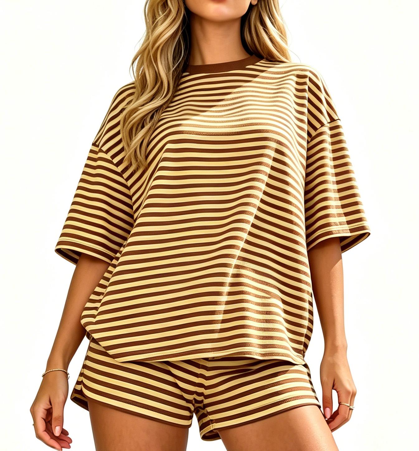 Spring Summer Stripe Print 2 Piece Outfit Women | Oversized T-Shirt + Drawstring Shorts | Soft Casual Lounge Set  for Daily Home Vacation Wear