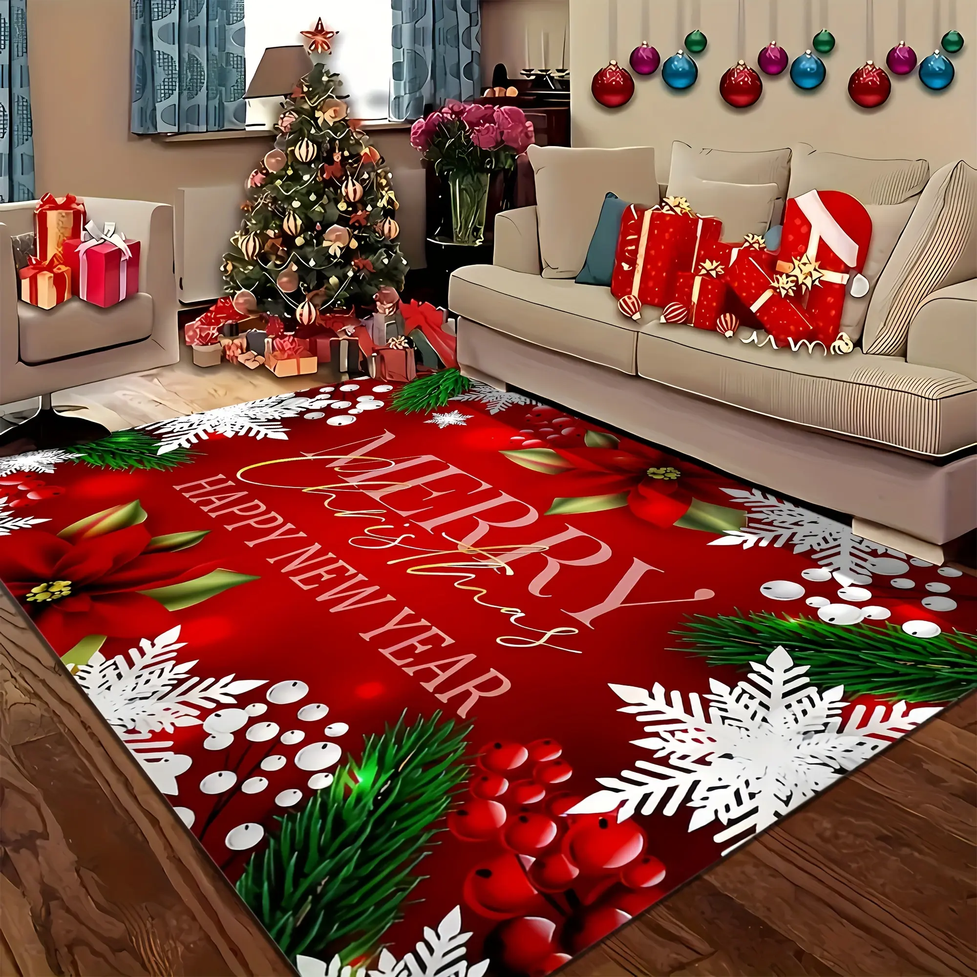 Christmas Themed Mat Machine Washable Living Room Coffee Table Mat Bedroom Entryway Doormat and Dining Kitchen Bathroom Indoor Outdoor Patio Garden & Courtyard Area Rugs Bedroom Floor Decor Room Decoration Christmas Decorations