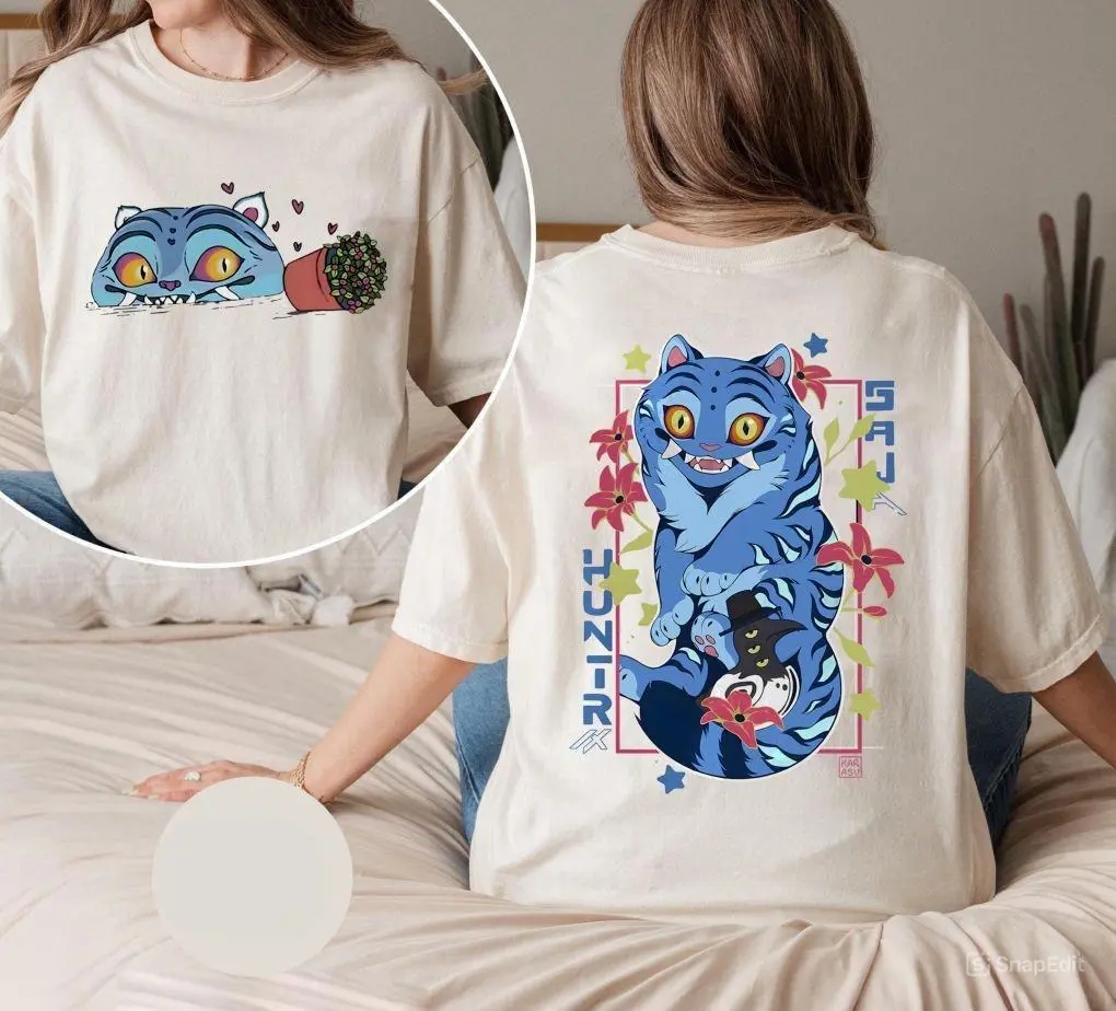 Cute Double-Sided Demon Hunter Tiger  T-Shirt – Anime-Style Blue Tiger with Flowers & Mischievous Peeking Cat Graphic – Fun Tee for Cat Lovers & Kawaii Fans, Derpy the Tiger And Bird Shirt