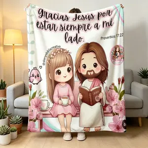 Cute Cartoon Jesus & Kids Religious Blanket, Ultra Plush Lightweight Throw, Christian Gift for Christmas & Easter