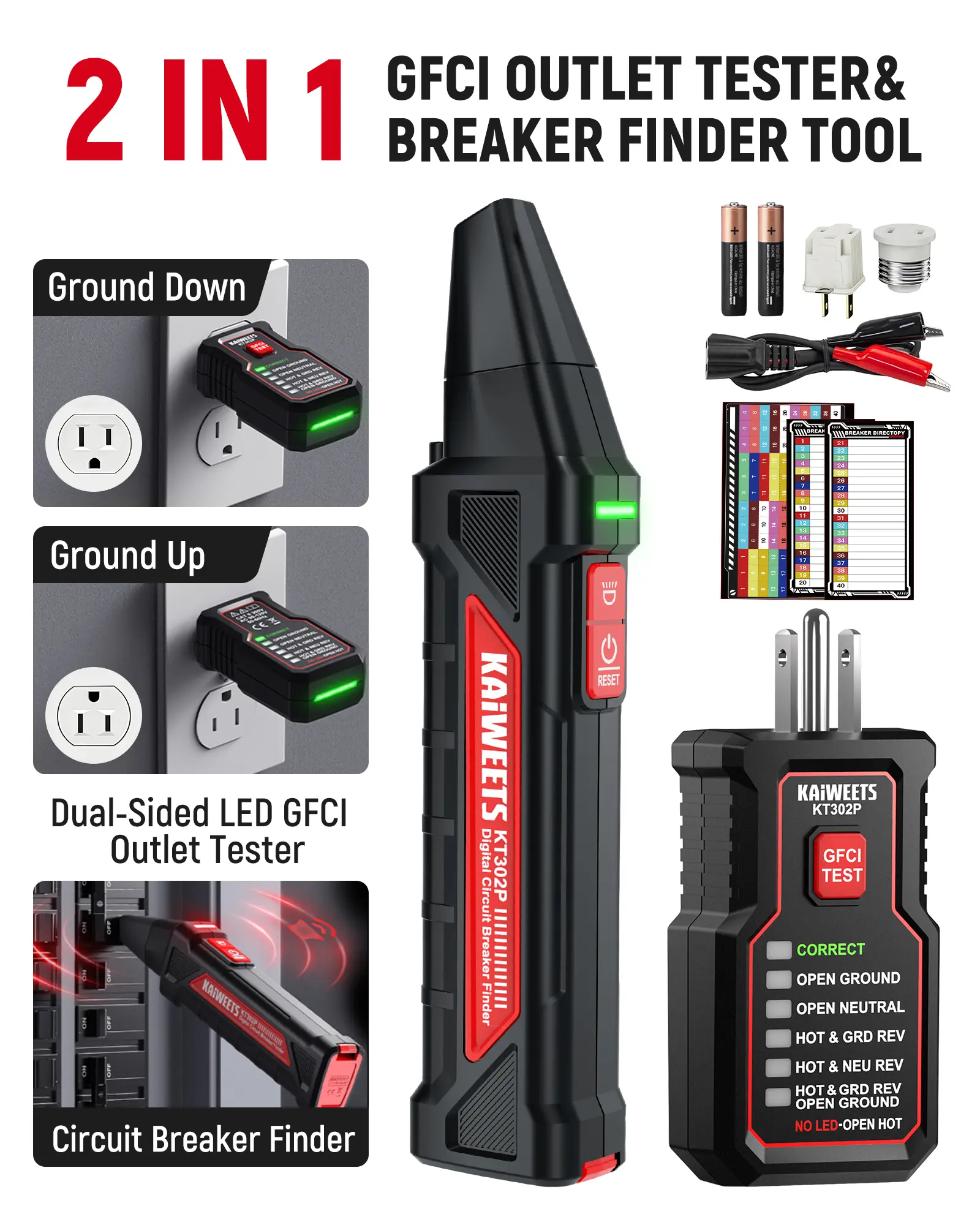 KAIWEETS Circuit Breaker Finder Tool Kit, GFCI Outlet Tester with Dual-Sided LED Indicators, Electrical Circuit Tracer Tool with Flashlight, Includes Carrying Case and Adapters- KT302P