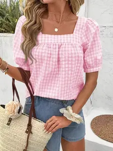 Women's Plaid Square Neck Casual Short Sleeve Shirt Blouses, Cute and Soft Girl Style, Ideal for Western Festival, Sweet Dates, Afternoon Tea, Summer Travel