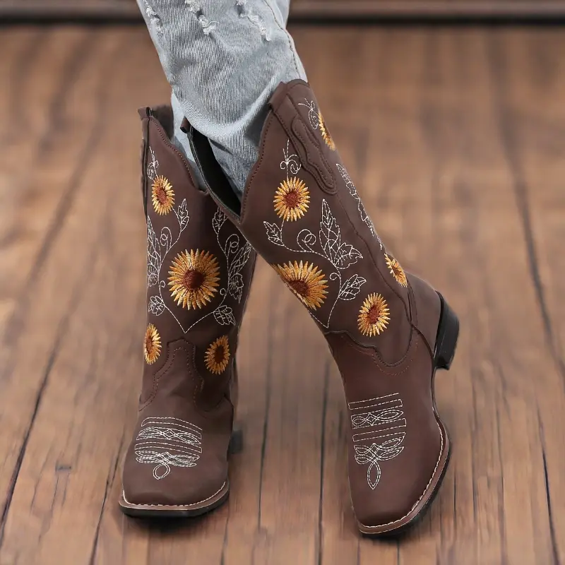 Trendy Sunflower Embroidered Western Boots - Fashion Zipper Mid Calf Footwear for Women - Comfortable & Unique Style Girl Walking Shoes