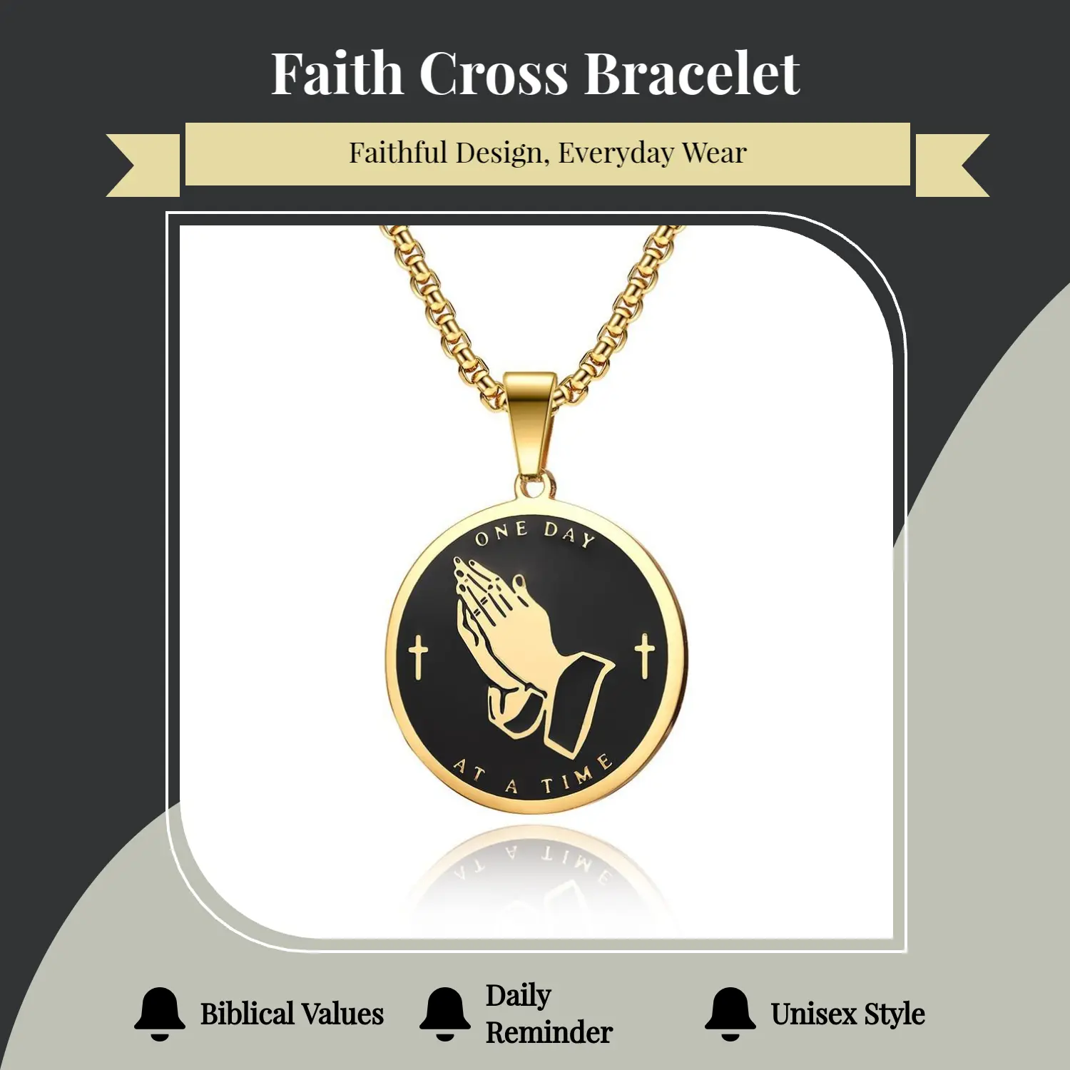 Grace&Glory Praying Hands Pendant Necklace for Women, 14K Gold/ Silver Plated Round Christian Charm with One Day at a Time Engraving, Dainty Faith Jewelry Gift