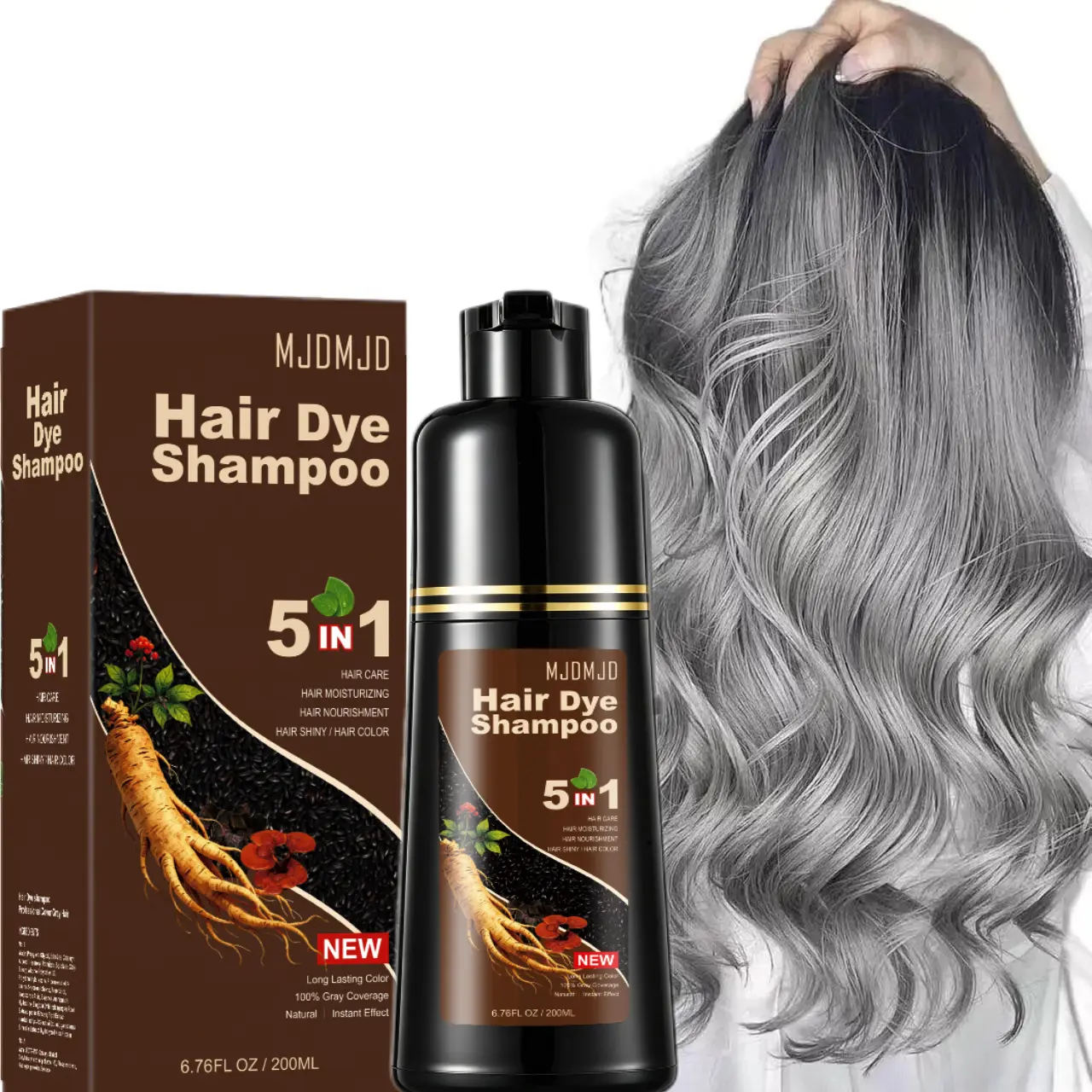 5-in-1 Silver Gray Hair Dye Shampoo, Instant Coloring in Minutes, Long-Lasting Formula, Unisex Hair Color Shampoo, 200ml