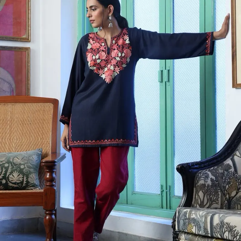 Traditional Kashmiri Black Kurti with Statement Aari Yoke Embroidery