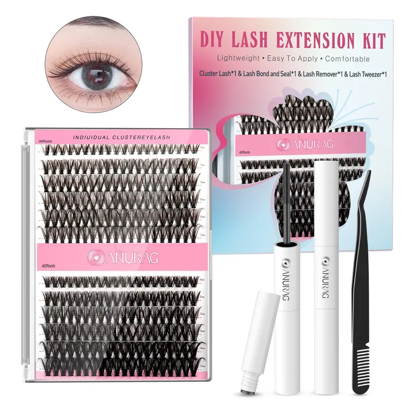 Fluffy Cluster Lashes Kit for Beginners - 240 Pieces 9-17mm Flatter Lash Set, Eyelash Tools & Accessories Bundle False Eyelashes & Adhesives, Applicator, Tweezers, Brush, Storage, Home Use Christmas Gift